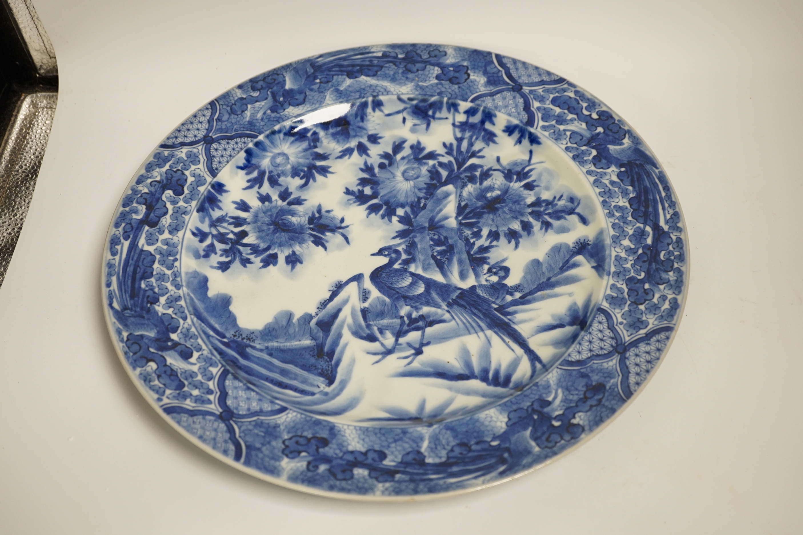 Two Japanese blue and white chargers, Meiji period, 35cm